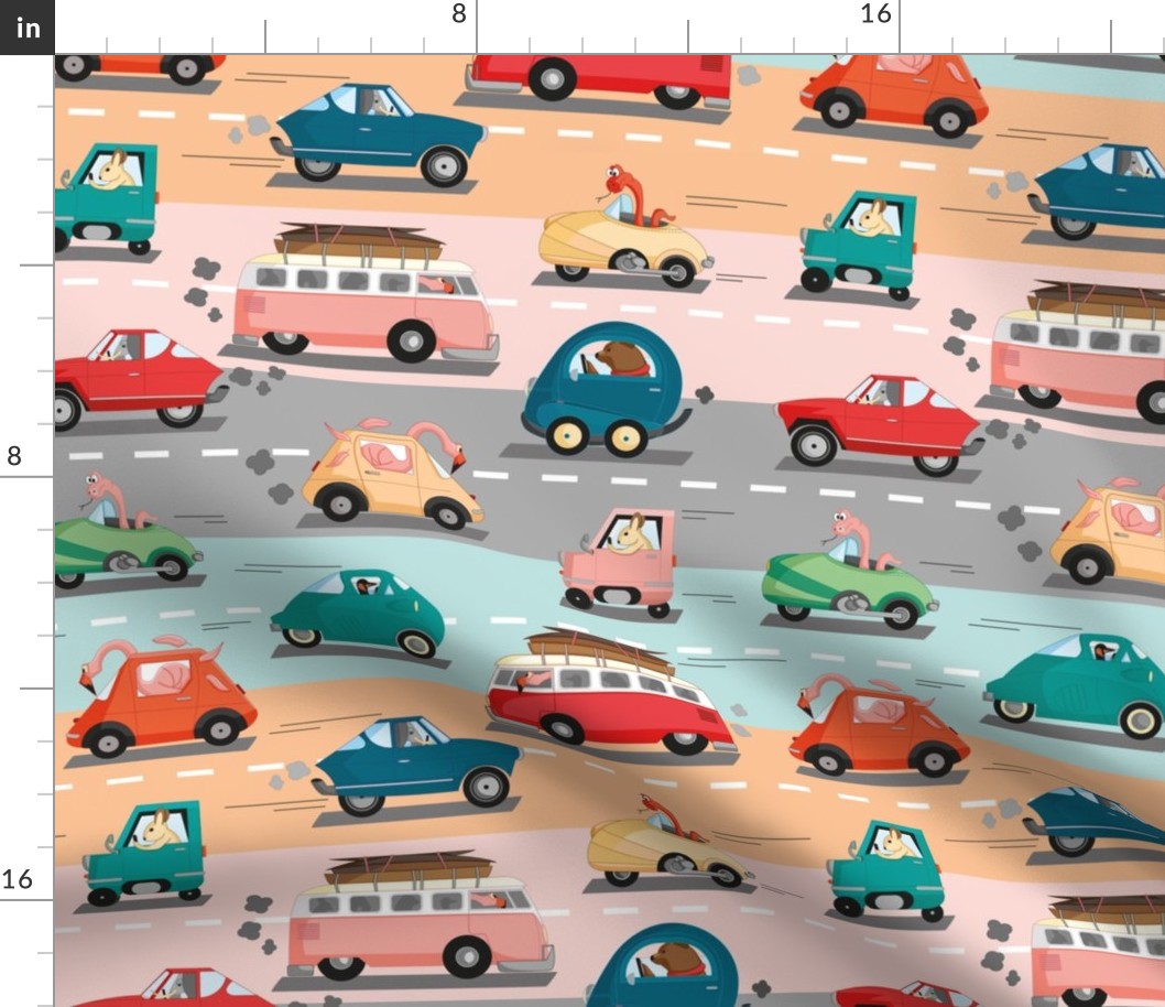 Colorful kids pattern. Funny cars in traffic driven by cute animals like pink flamingo, brown bear, elephant, snake, penguin and rabbit.