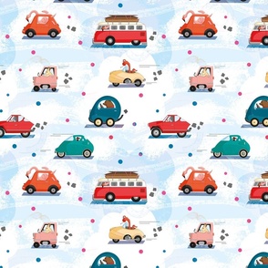 Kids pattern with funny cars driven by cute animals like flamingo, elephant, penguin, rabbit and brown bear. White and light blue background.