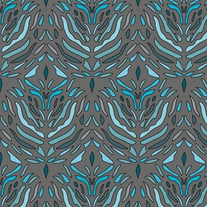 Abstract pattern with irregular shapes in cold colors and gray background.