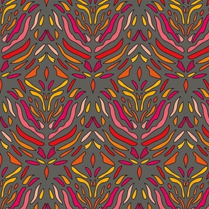 Abstract pattern with irregular shapes colored in orange, fucsia, pink, yellow and red. Grey background.