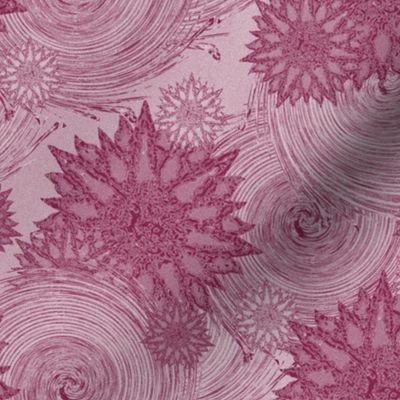 Rosy Brocade of Floral Stars and Swirls with a Digitally Stippled Grain - A Reworked Classic