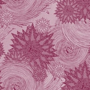 Rosy Brocade of Floral Stars and Swirls with a Digitally Stippled Grain - A Reworked Classic