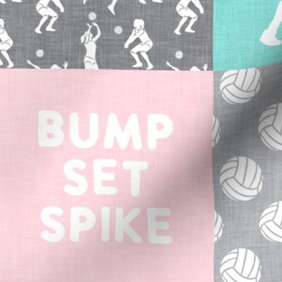 Bump Set Spike - Volleyball wholecloth - patchwork in pink and  light teal - LAD22