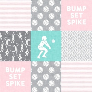 Bump Set Spike - Volleyball wholecloth - patchwork in pink and  light teal - LAD22