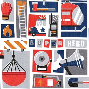 Large jumbo scale // What's your emergency? // red grey navy black and white super hero rescue services police fire and ambulance EMS