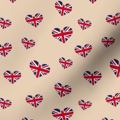 UK flag of Great Britain Union Jack queen's jubilee hearts red blue on beige camel 