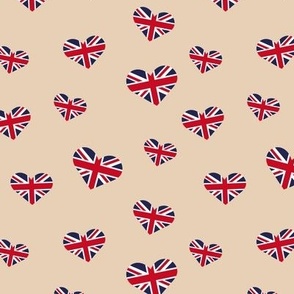 UK flag of Great Britain Union Jack queen's jubilee hearts red blue on beige camel 