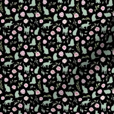 micro scale green cat pink floral black 