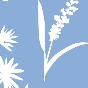 White silhouettes of flowers on blue. Jumbo, Large Scale, 20-inch repeat