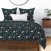 Team of Bird Singing up a Floral Foliage Folktale blue on black beige bird