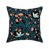 Team of Bird Singing up a Floral Foliage Folktale blue on black blue  bird