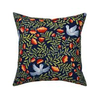 Team of Bird Singing up a Floral Foliage Folktale green on navy