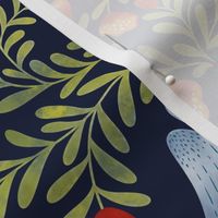 Team of Bird Singing up a Floral Foliage Folktale green on navy