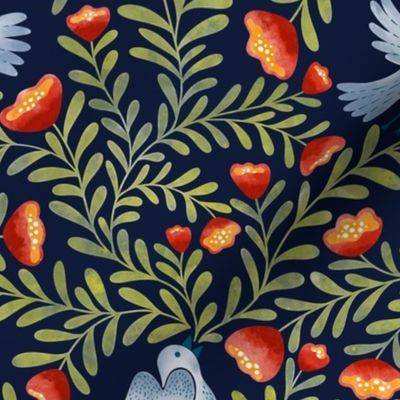 Team of Bird Singing up a Floral Foliage Folktale green on navy