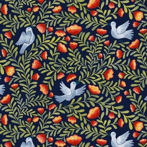 Team of Bird Singing up a Floral Foliage Folktale green on navy