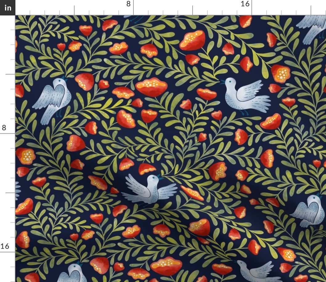 Team of Bird Singing up a Floral Foliage Folktale green on navy