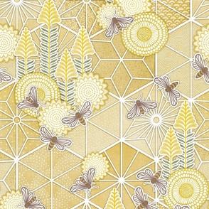 Sweet Team- Sashiko Honey Bees Fabric- Beehive Medium- Bee Dance- Pollinators- Japanese Inspired Honeycomb Wallpaper- Golden Yellow- Mustard