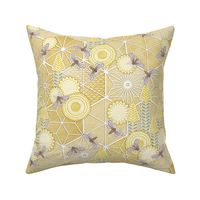 Sweet Team- Sashiko Honey Bees Fabric- Beehive Small- Bee Dance- Pollinators- Japanese Inspired Honeycomb Wallpaper- Golden Yellow- Mustard
