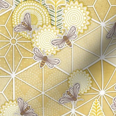 Sweet Team- Sashiko Honey Bees Fabric- Beehive Small- Bee Dance- Pollinators- Japanese Inspired Honeycomb Wallpaper- Golden Yellow- Mustard