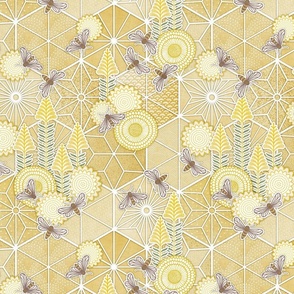 Sweet Team- Sashiko Honey Bees Fabric- Beehive Small- Bee Dance- Pollinators- Japanese Inspired Honeycomb Wallpaper- Golden Yellow- Mustard