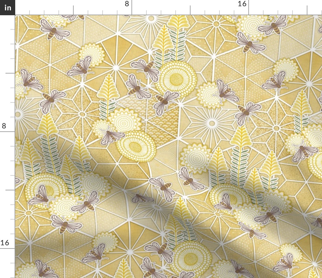 Sweet Team- Sashiko Honey Bees Fabric- Beehive Small- Bee Dance- Pollinators- Japanese Inspired Honeycomb Wallpaper- Golden Yellow- Mustard