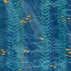Kelp Forest in Deep Blue and Gold | Sunlight, seaweed and ocean fish, water fabric, sea fabric, ocean decor, bathroom wallpaper, seaside, beach wear.