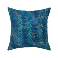 Kelp Forest in Deep Blue and Gold (large scale) | Sunlight, seaweed and ocean fish, water fabric, sea fabric, ocean decor, bathroom wallpaper, seaside, beach wear.