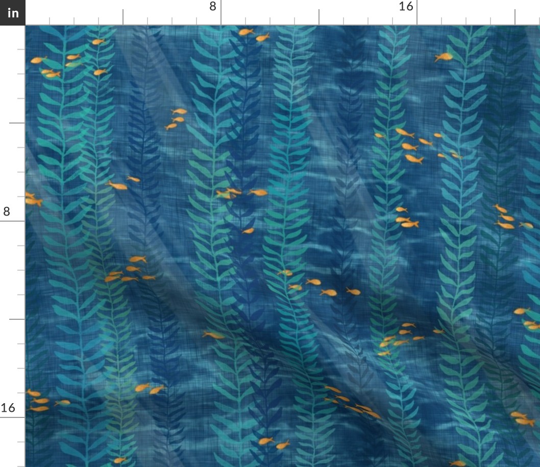 Kelp Forest in Deep Blue and Gold (large scale) | Sunlight, seaweed and ocean fish, water fabric, sea fabric, ocean decor, bathroom wallpaper, seaside, beach wear.