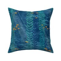 Kelp Forest in Deep Blue and Gold (xl scale) | Sunlight, seaweed and ocean fish, water fabric, sea fabric, ocean decor, bathroom wallpaper, seaside, beach wear.