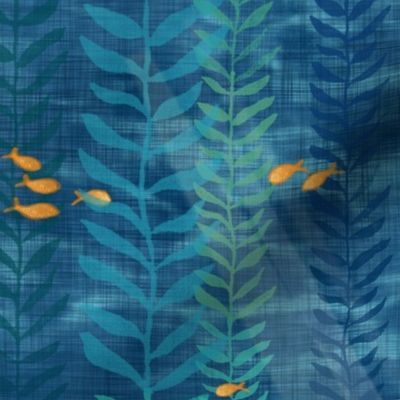 Kelp Forest in Deep Blue and Gold (xl scale) | Sunlight, seaweed and ocean fish, water fabric, sea fabric, ocean decor, bathroom wallpaper, seaside, beach wear.