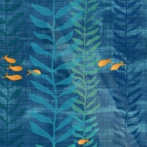 Kelp Forest in Deep Blue and Gold (xl scale) | Sunlight, seaweed and ocean fish, water fabric, sea fabric, ocean decor, bathroom wallpaper, seaside, beach wear.