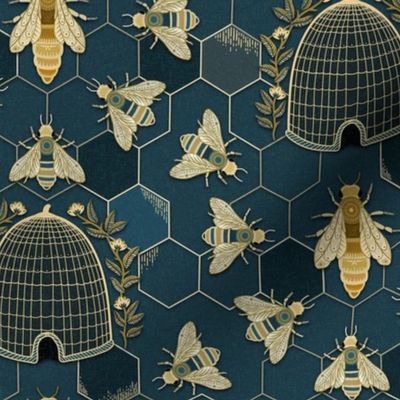 The Queen and her team - queen bee, bees, bee hive, hexagons - dark teal green and gold - medium