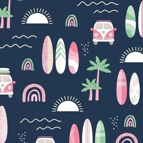 Little campervan and surf boards summer surf trip boho vacation palm trees sunshine and waves pink mint green on navy blue