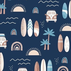 Little campervan and surf boards summer surf trip boho vacation palm trees sunshine and waves seventies vintage beige brown blue on navy blue