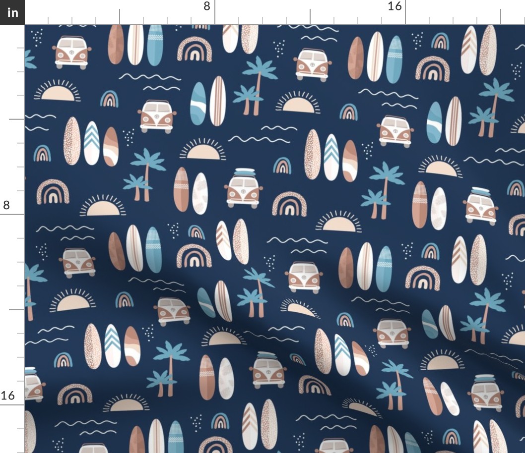 Little campervan and surf boards summer surf trip boho vacation palm trees sunshine and waves seventies vintage beige brown blue on navy blue