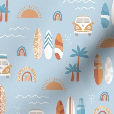 Little campervan and surf boards summer surf trip boho vacation palm trees sunshine and waves orange rust yellow on baby blue