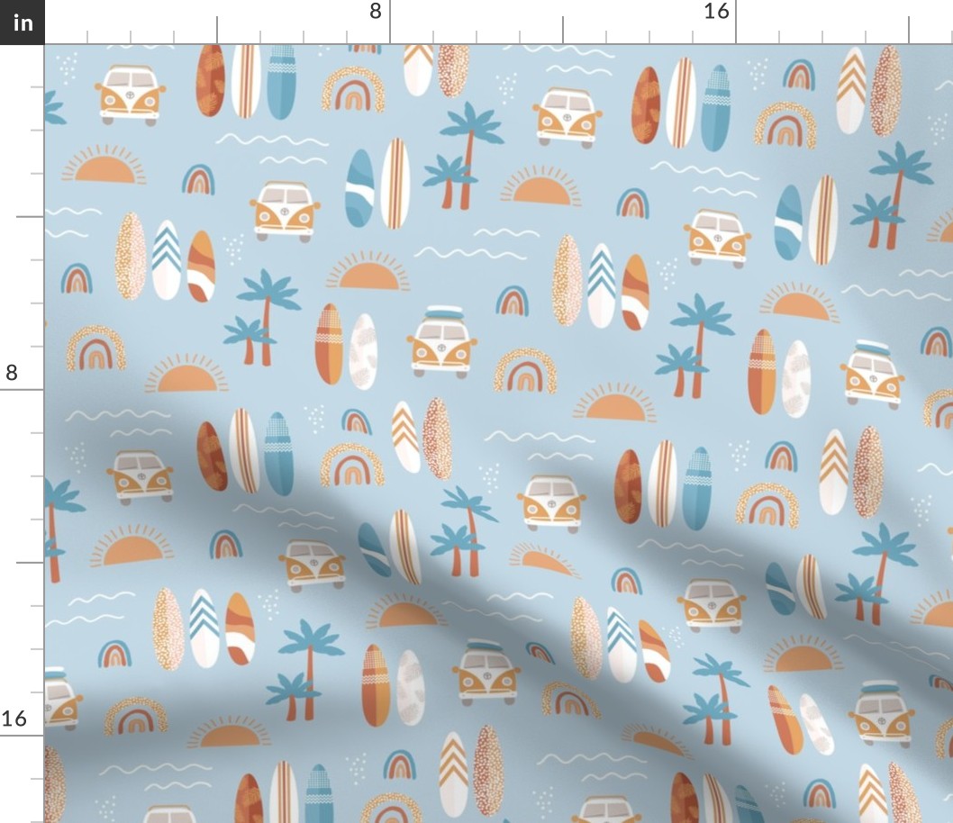 Little campervan and surf boards summer surf trip boho vacation palm trees sunshine and waves orange rust yellow on baby blue