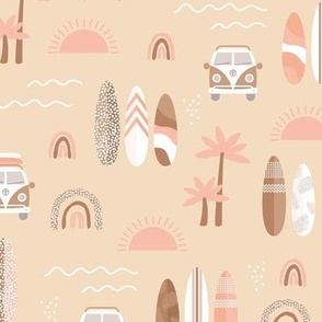 Little campervan and surf boards summer surf trip boho vacation palm trees sunshine and waves seventies vintage beige brown blush pink