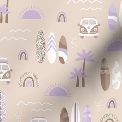 Little campervan and surf boards summer surf trip boho vacation palm trees sunshine and waves seventies vintage beige brown lilac