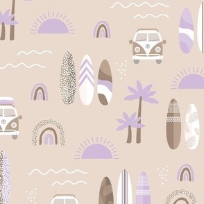 Little campervan and surf boards summer surf trip boho vacation palm trees sunshine and waves seventies vintage beige brown lilac