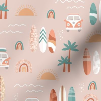 Little campervan and surf boards summer surf trip boho vacation palm trees sunshine and waves orange rust teal on beige