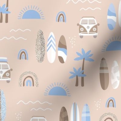 Little campervan and surf boards summer surf trip boho vacation palm trees sunshine and waves seventies beige brown blue boys