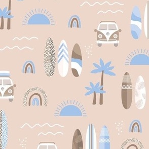 Little campervan and surf boards summer surf trip boho vacation palm trees sunshine and waves seventies beige brown blue boys