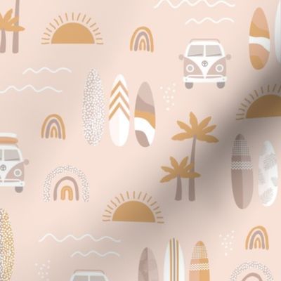 Little campervan and surf boards summer surf trip boho vacation palm trees sunshine and waves beige sand ochre gray neutral seventies vintage palette