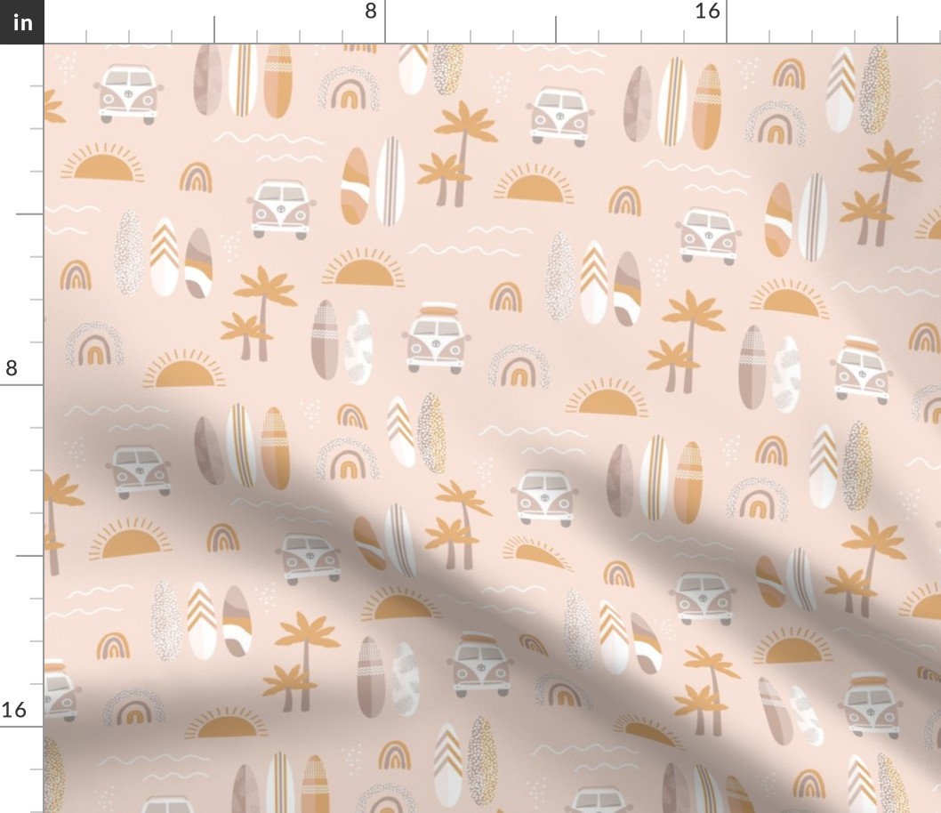 Little campervan and surf boards summer surf trip boho vacation palm trees sunshine and waves beige sand ochre gray neutral seventies vintage palette