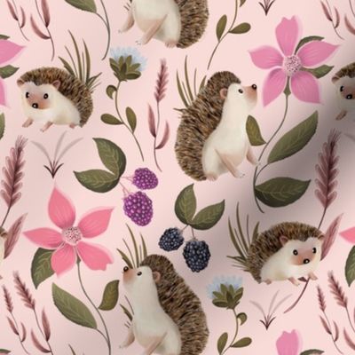 Hedgehogs with Flowers and Blackberries on Light Pink