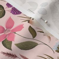 Hedgehogs with Flowers and Blackberries on Light Pink