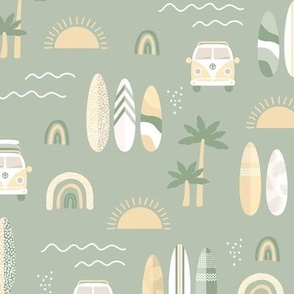 Little campervan and surf boards summer surf trip boho vacation palm trees sunshine and waves soft yellow olive sage green