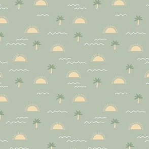 Sunshine summer days with palm trees and shades vibes surf waves yellow olive green on sage SMALL