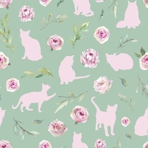 small scale pink cat pink floral green bg